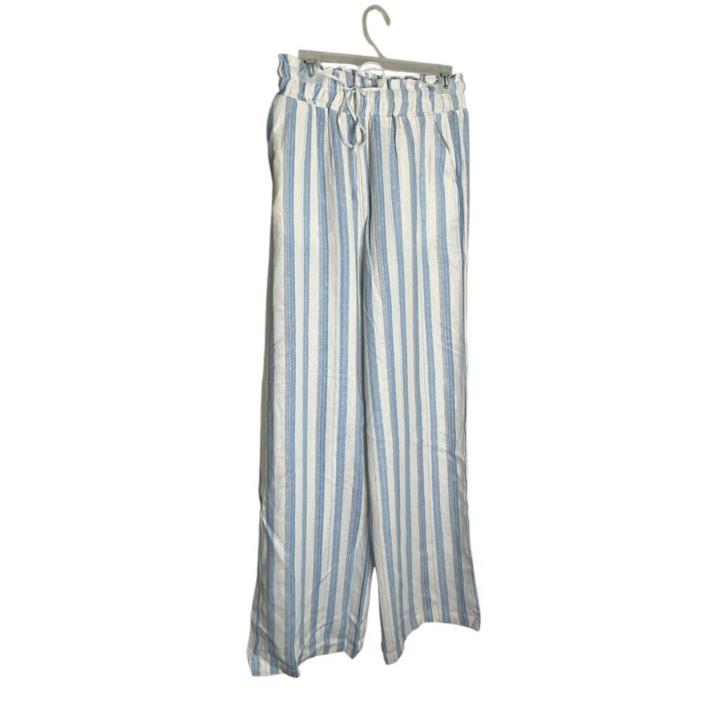 Love Tree Linen Blend Wide Leg Pants Elastic Waist Striped Blue White Sz L NWT